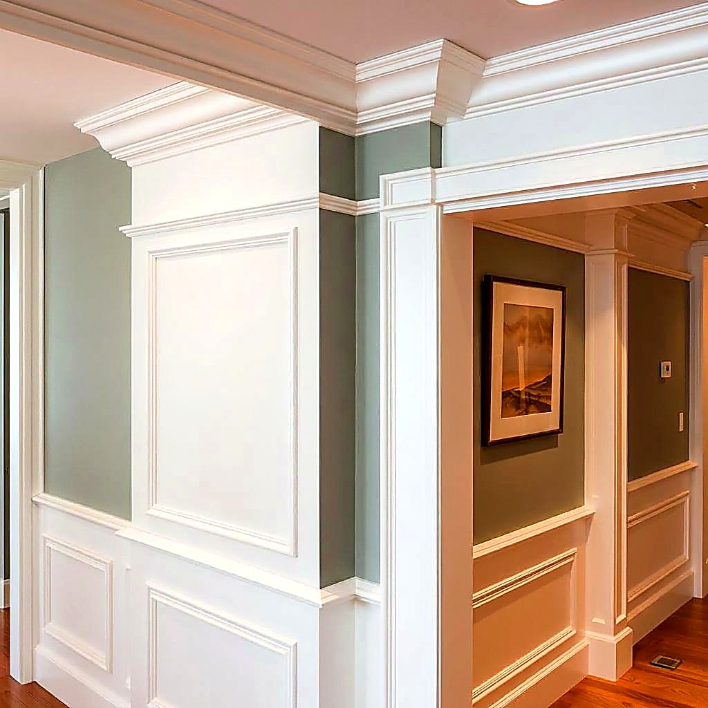 Detailed crown moulding and wall trim installation with crisp finished edges.