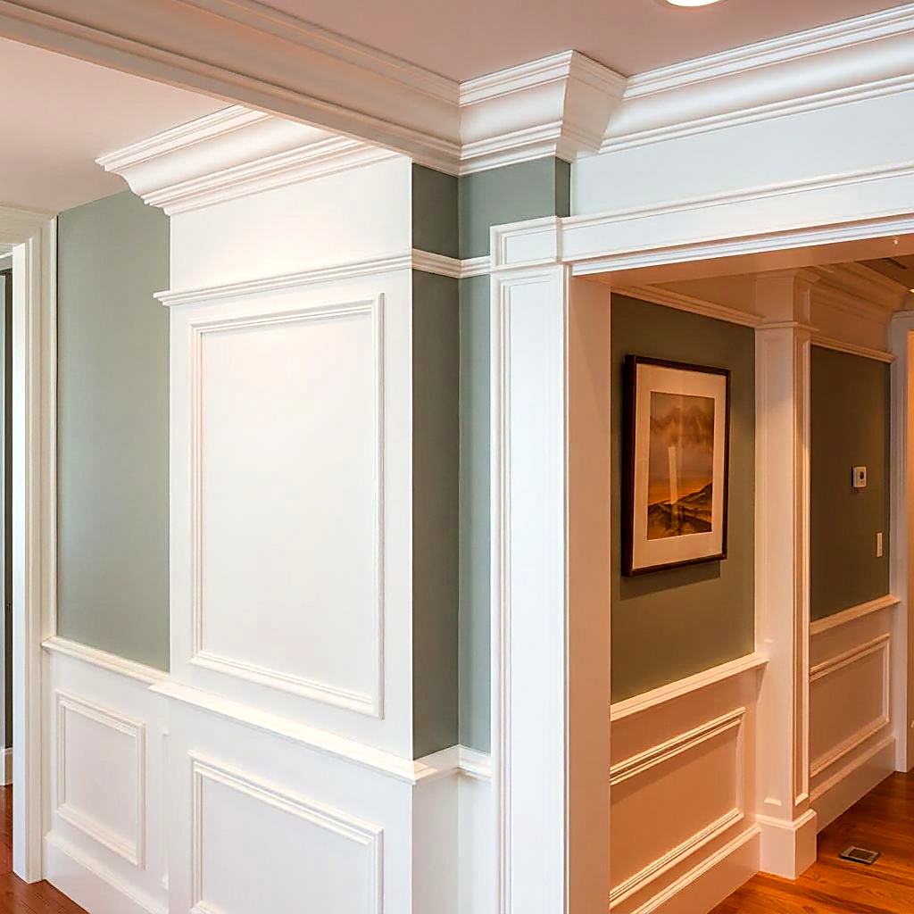 Detailed crown moulding and wall trim installation with crisp finished edges.