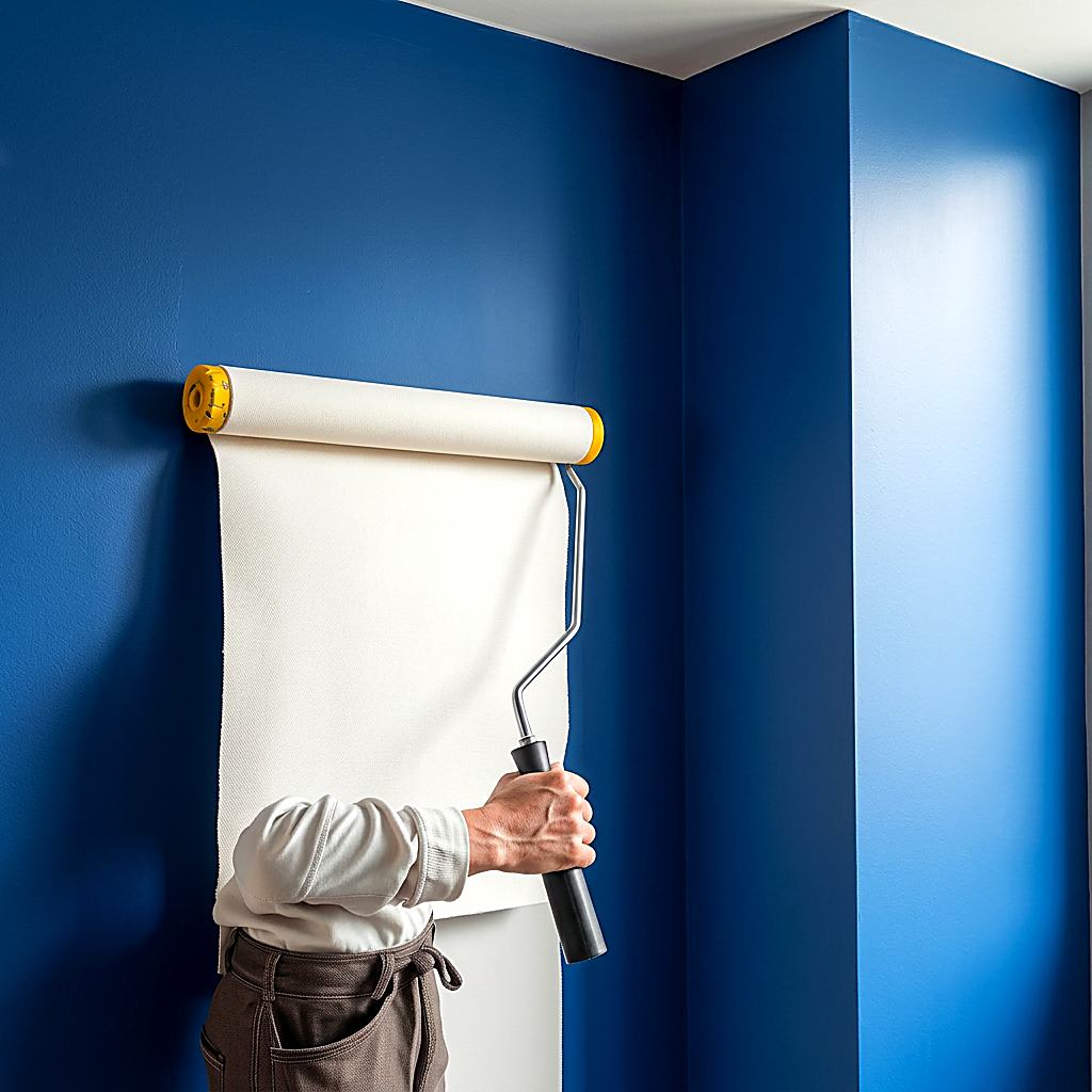 Interior painting project with a deep navy accent wall and sharp finish lines.