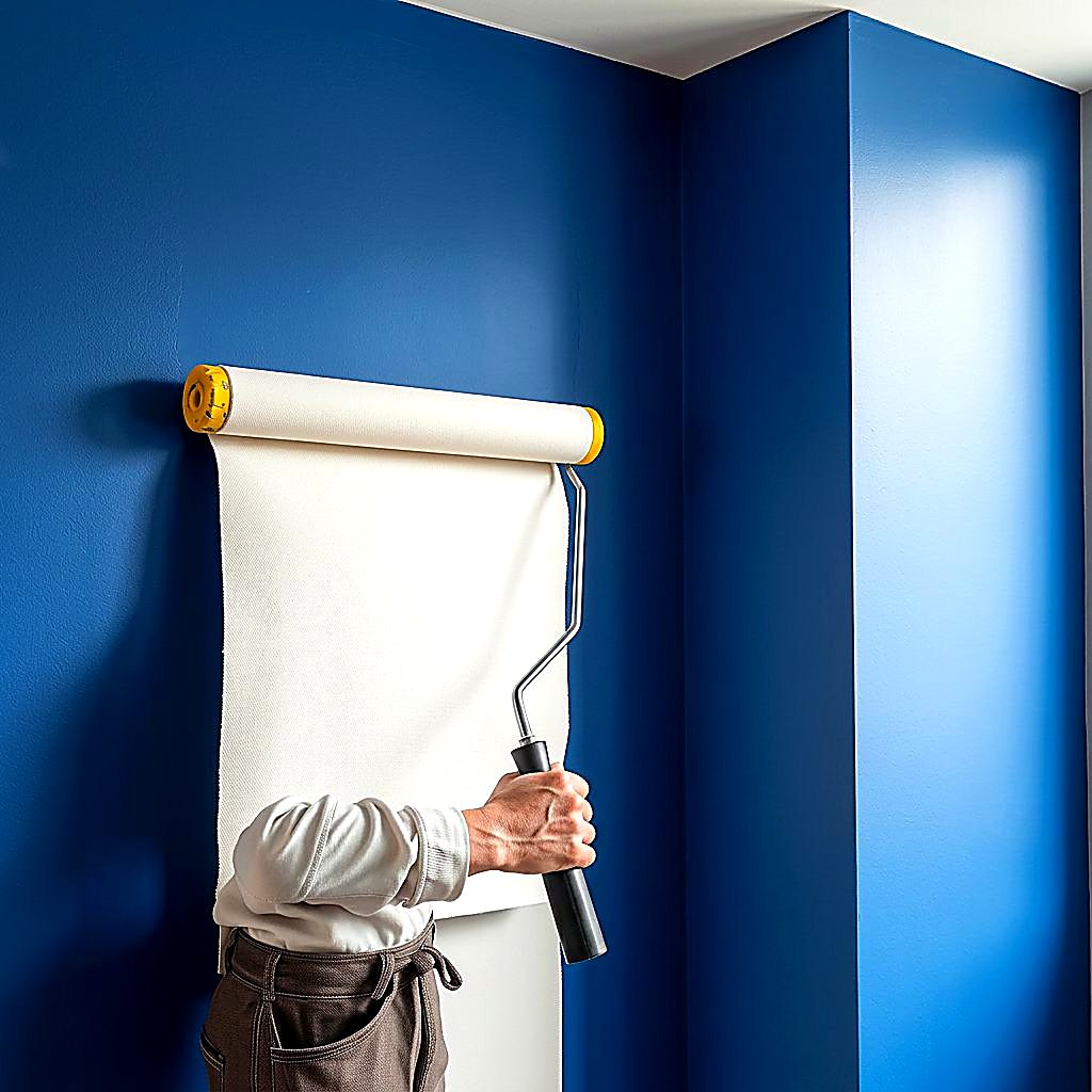 Interior painting project with a deep navy accent wall and sharp finish lines.