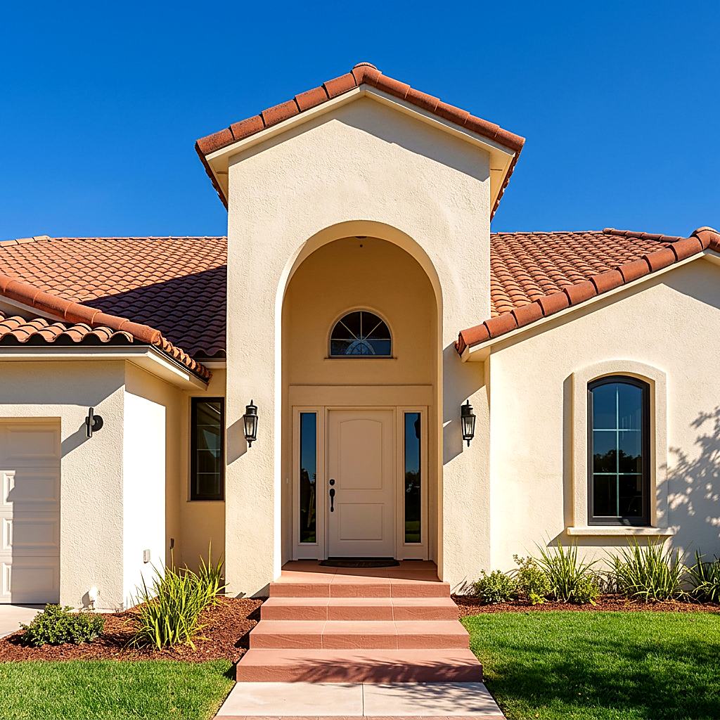 Exterior stucco finish on a Mediterranean-style home with clean texture and edges.